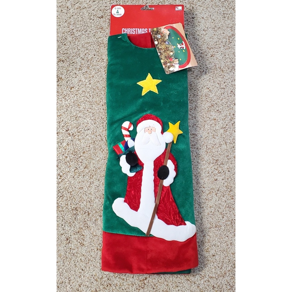 Trim‎ A Home Christmas Tree Skirt 44" Green w/ Santa Stars Candy Cane Plush NEW